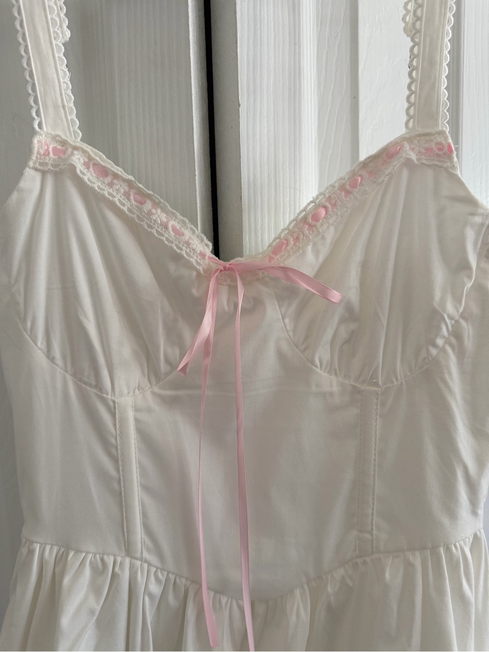 Altar'd State White Mini Dress with Pink Ribbon and Scalloped Trim XXS